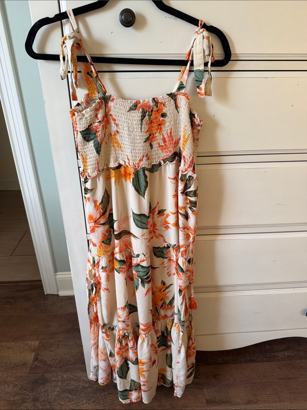 blue island Floral Smocked Tiered Swim Coverup in Cream, Orange & Green